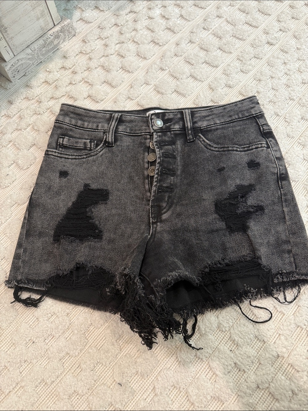 Distressed Washed Black Denim High-Rise Shorts